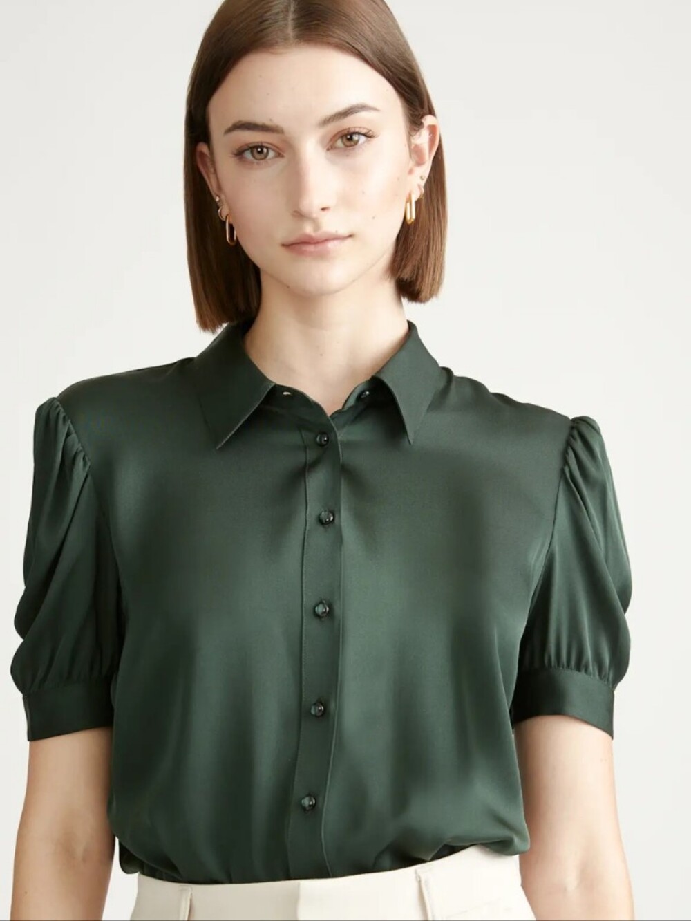 NWT Quince Washable Stretch Silk Puff Sleeve Blouse Forest Green XL